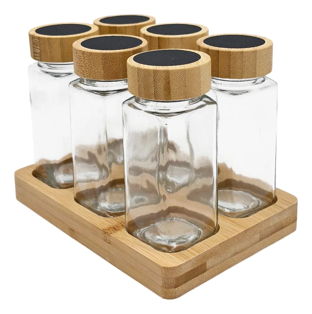 Especiero de Vidrio con Base de Madera X6