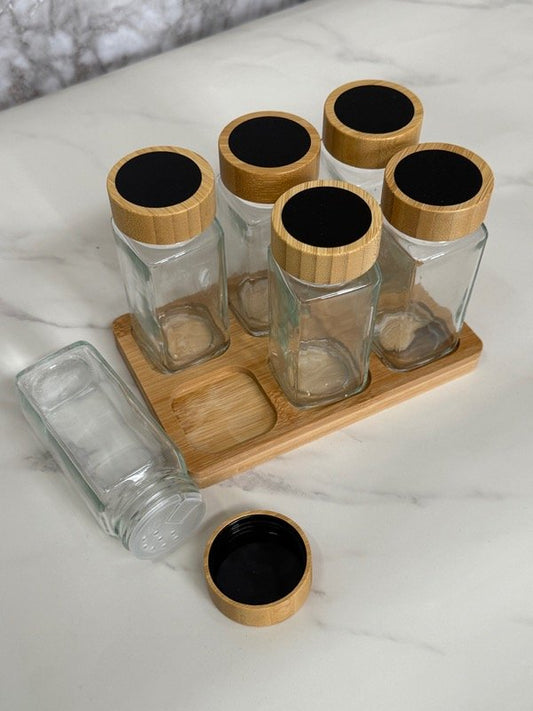 Especiero de Vidrio con Base de Madera X6