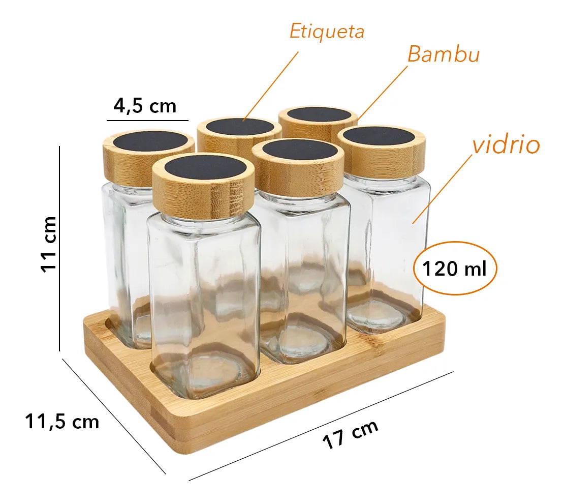 Especiero de Vidrio con Base de Madera X6